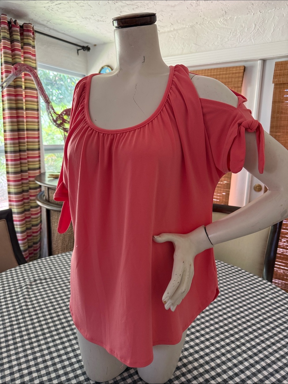 INC International Concepts Coral Cold-Shoulder Tie-Sleeve Top